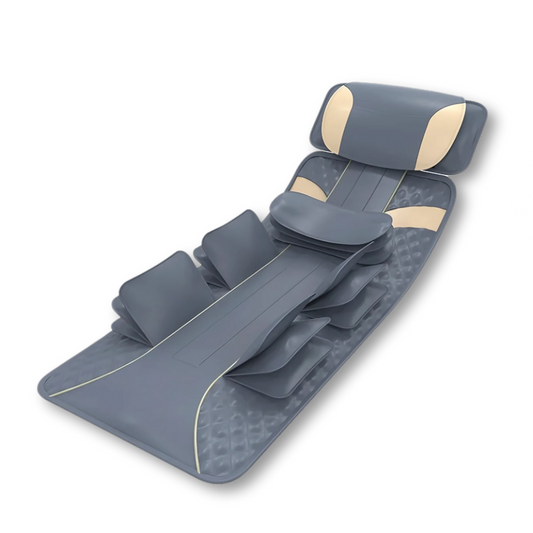 Gray massage chair pad with beige accents on a white background